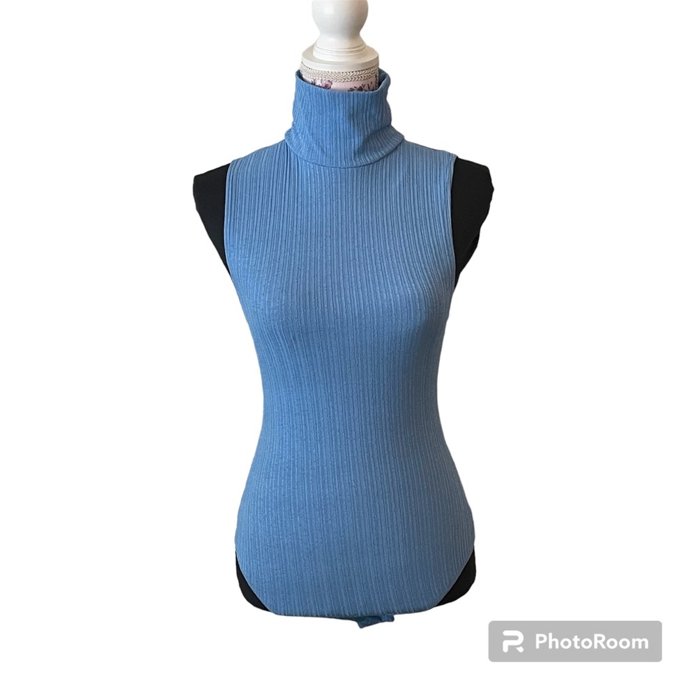 Free People Take on the Turtle Ribbed Mock Turtle Neck Bodysuit Ribbed Blue XS